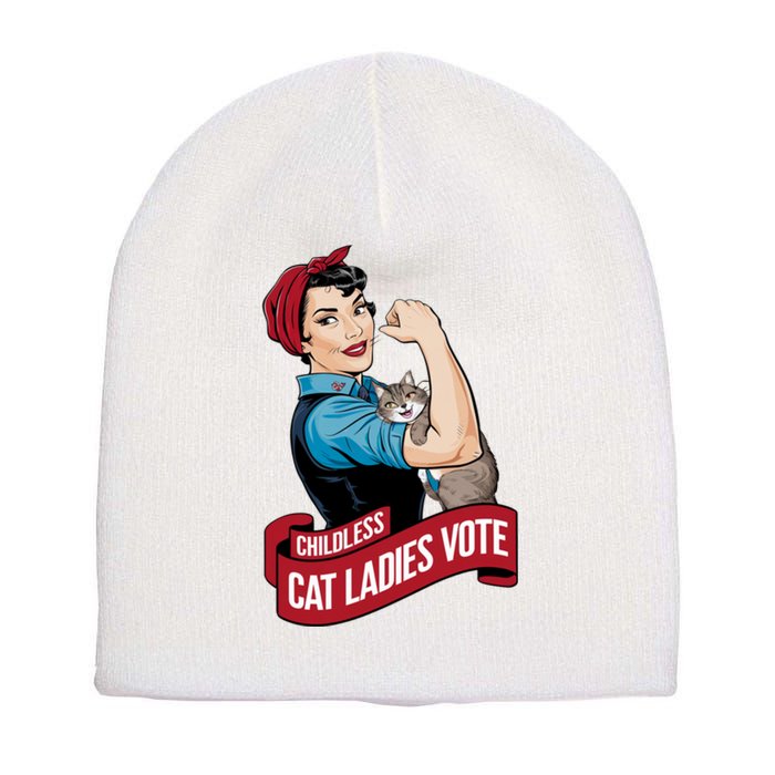 Funny Vintage Childless Cat Ladies Vote Rosie The Riveter Short Acrylic Beanie