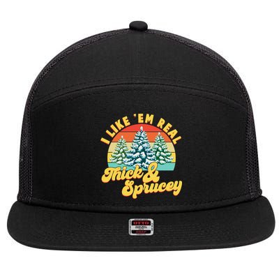 Funny Vintage Christmas I Like 'Em Thick And Sprucey 7 Panel Mesh Trucker Snapback Hat