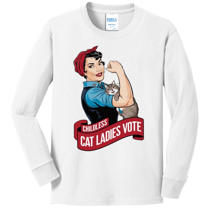 Funny Vintage Childless Cat Ladies Vote Rosie The Riveter Kamala Harris 2024 Kids Long Sleeve Shirt