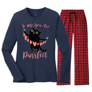 Funny Valentine Cat To Me You Are Purrfect Women's Long Sleeve Flannel Pajama Set 