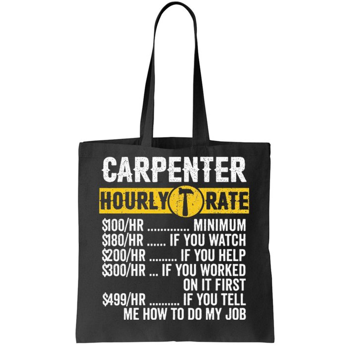 Funny Vintage Carpenter Apparel Woodworking Hourly Rate Tote Bag