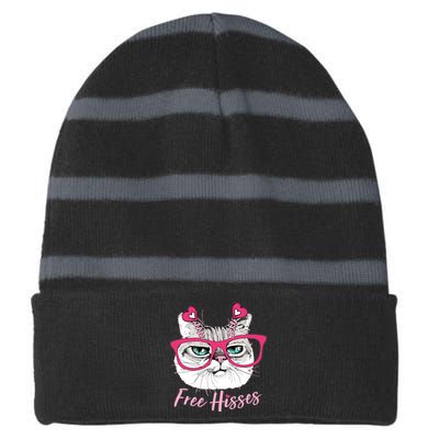 Funny Valentine Cat Free Hisses Striped Beanie with Solid Band