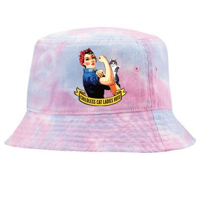 Funny Vintage Childless Cat Ladies Vote Rosie The Riveter Tie-Dyed Bucket Hat