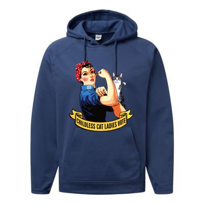 Funny Vintage Childless Cat Ladies Vote Rosie The Riveter Performance Fleece Hoodie