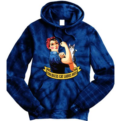 Funny Vintage Childless Cat Ladies Vote Rosie The Riveter Tie Dye Hoodie