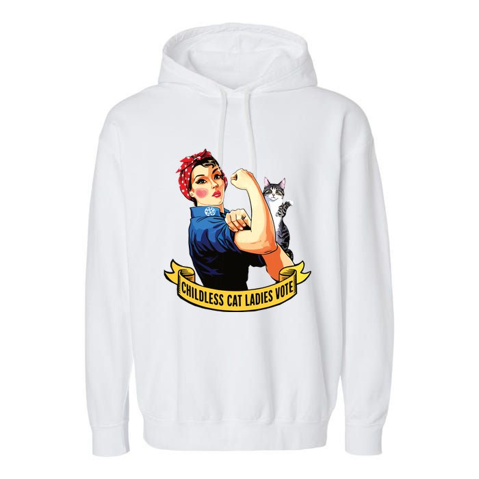 Funny Vintage Childless Cat Ladies Vote Rosie The Riveter Garment-Dyed Fleece Hoodie