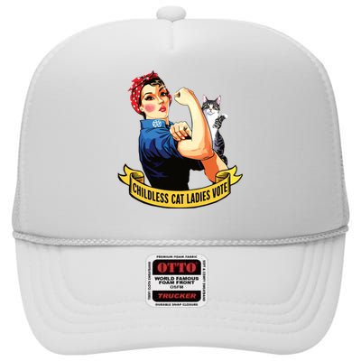 Funny Vintage Childless Cat Ladies Vote Rosie The Riveter High Crown Mesh Back Trucker Hat