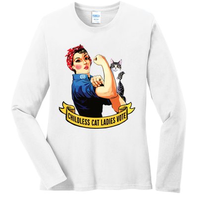 Funny Vintage Childless Cat Ladies Vote Rosie The Riveter Ladies Long Sleeve Shirt