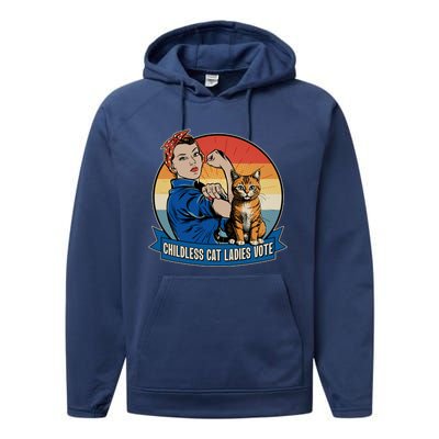 Funny Vintage Childless Cat Ladies Vote Kamala Harris 2024 Election Performance Fleece Hoodie