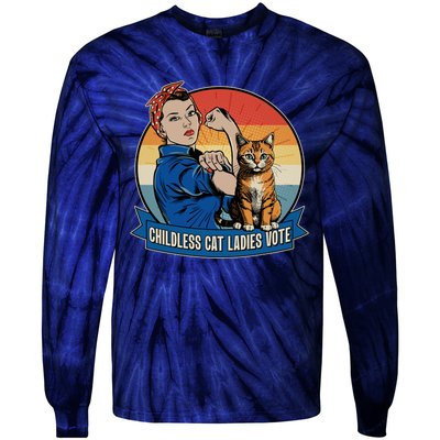 Funny Vintage Childless Cat Ladies Vote Kamala Harris 2024 Election Tie-Dye Long Sleeve Shirt