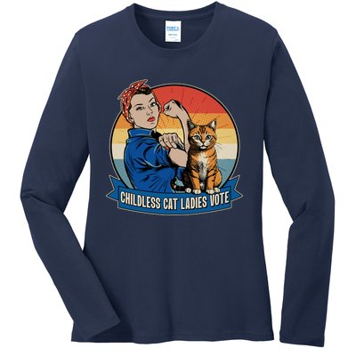 Funny Vintage Childless Cat Ladies Vote Kamala Harris 2024 Election Ladies Long Sleeve Shirt