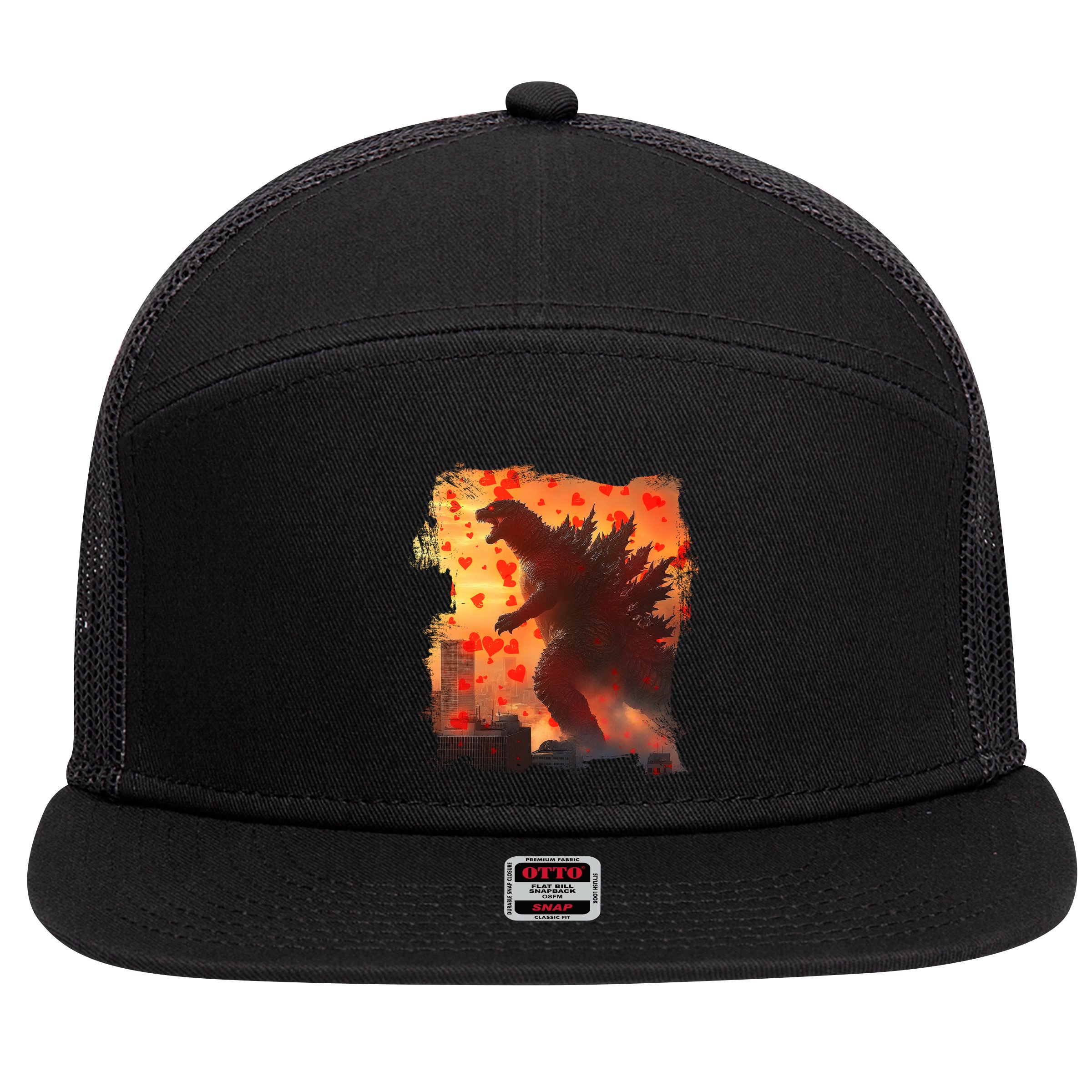 Funny Valentines Day Japanese Kaiju Monster 7 Panel Mesh Trucker Snapback Hat