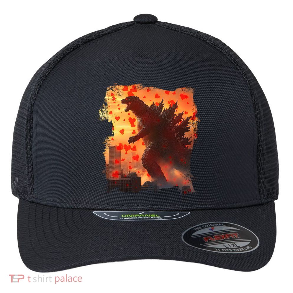 Funny Valentines Day Japanese Kaiju Monster Flexfit Unipanel Trucker Cap