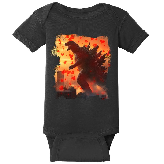 Funny Valentines Day Japanese Kaiju Monster Baby Bodysuit