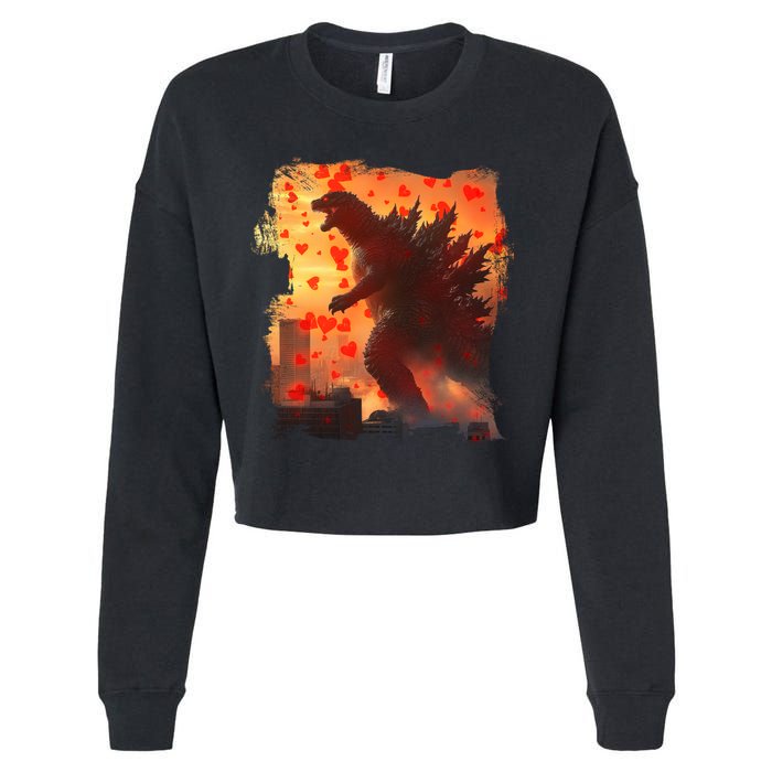Funny Valentines Day Japanese Kaiju Monster Cropped Pullover Crew