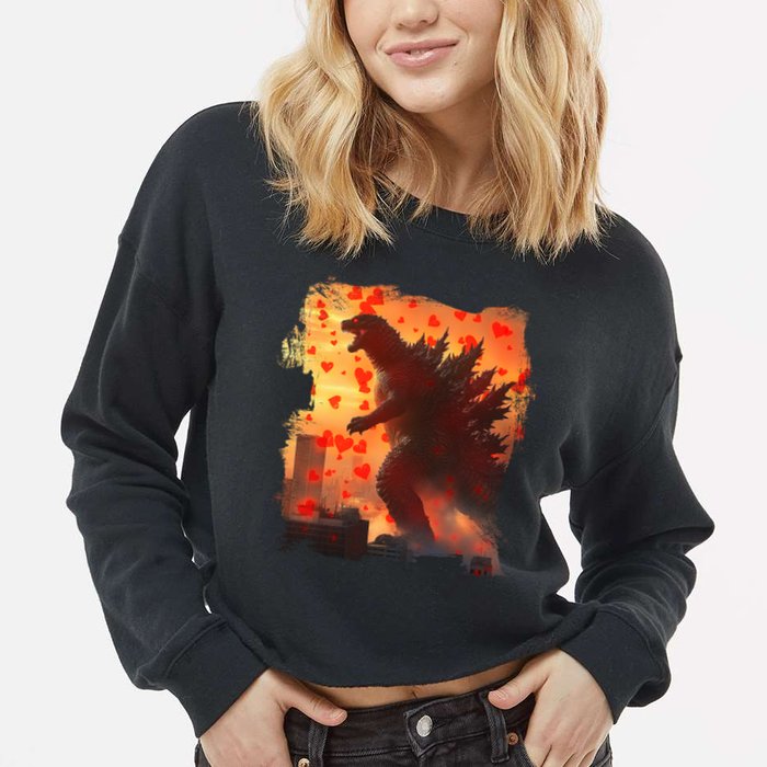 Funny Valentines Day Japanese Kaiju Monster Cropped Pullover Crew