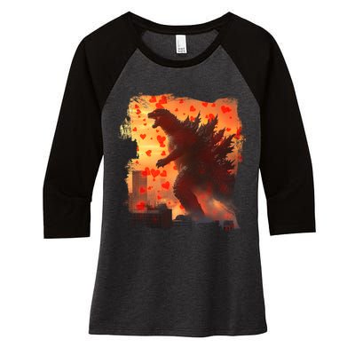 Funny Valentines Day Japanese Kaiju Monster Women's Tri-Blend 3/4-Sleeve Raglan Shirt