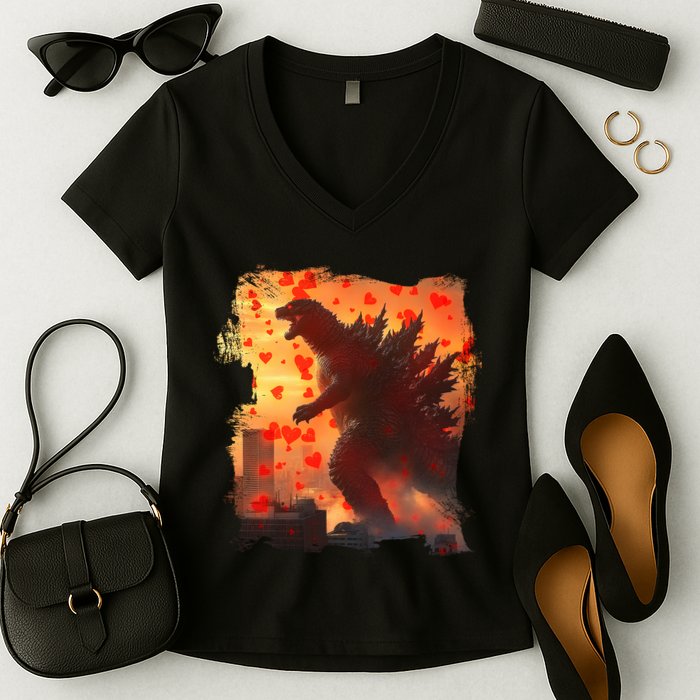 Funny Valentines Day Japanese Kaiju Monster Women's V-Neck T-Shirt