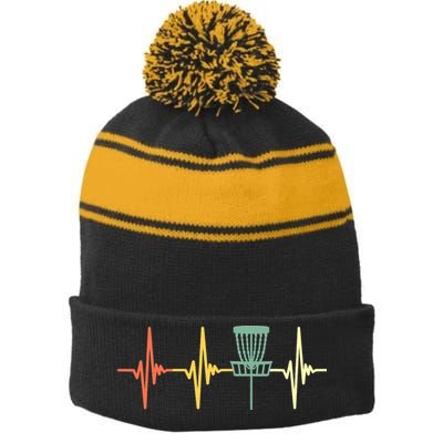 Funny Vintage Disc Golf Retro Heartbeat Disc Golf Stripe Pom Pom Beanie