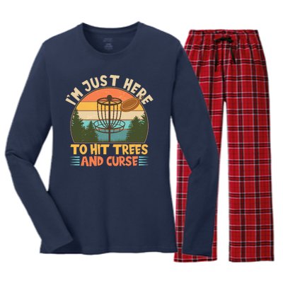 Funny Vintage Disc Golf I'm Just Here To Hit Trees And Curse Women's Long Sleeve Flannel Pajama Set 