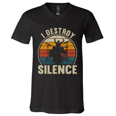 Funny Vintage Drums Player I Destroy Silence Drummer V-Neck T-Shirt