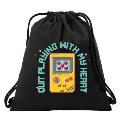 Funny Valentines Day Quit Playing With My Heart Retro Video Game Fan Drawstring Bag