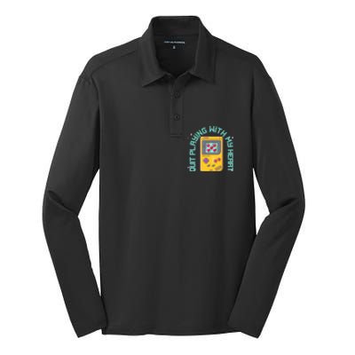 Funny Valentines Day Quit Playing With My Heart Retro Video Game Fan Silk Touch Performance Long Sleeve Polo