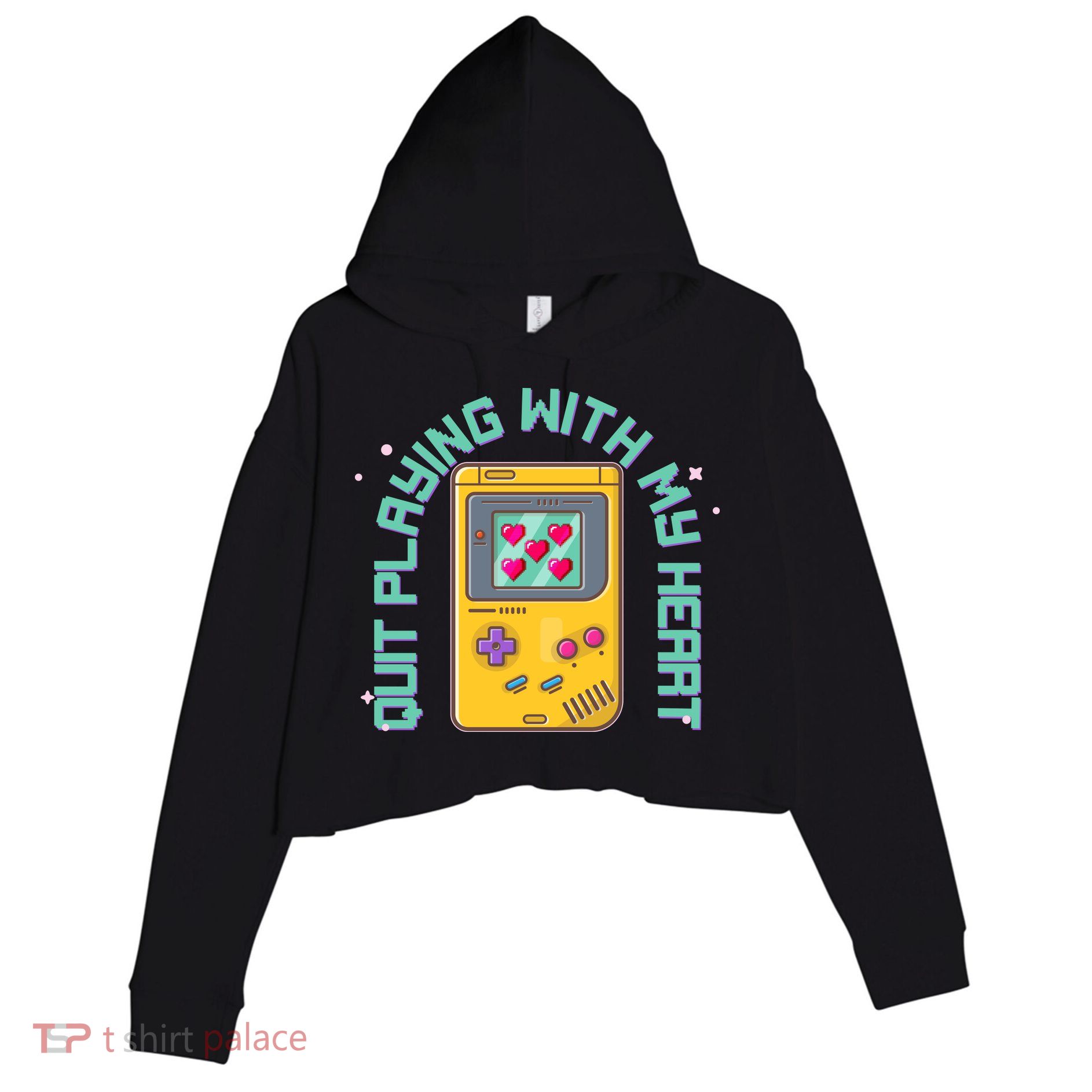 Funny Valentines Day Quit Playing With My Heart Retro Video Game Fan Crop Fleece Hoodie
