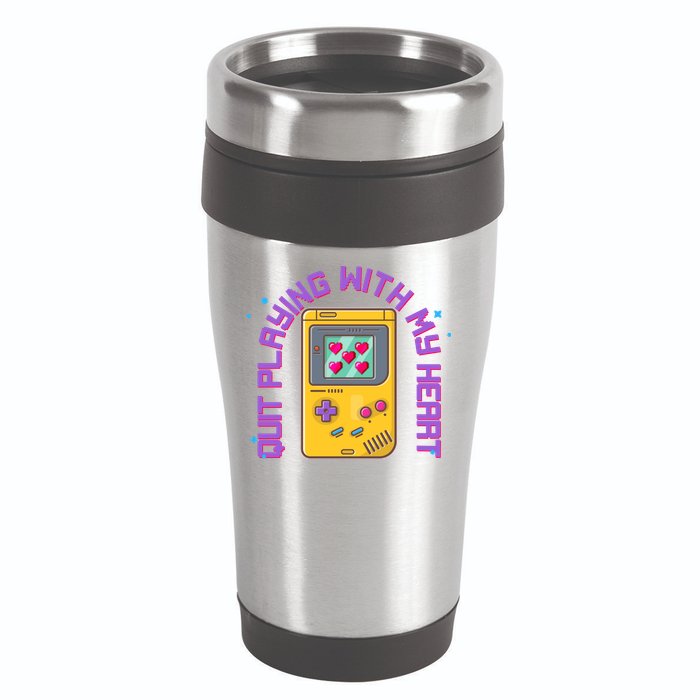 Funny Valentines Day Quit Playing With My Heart Retro Video Game Fan 16oz Travel Tumbler
