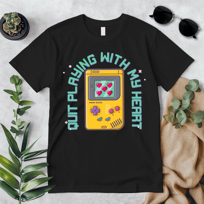 Funny Valentines Day Quit Playing With My Heart Retro Video Game Fan Premium T-Shirt