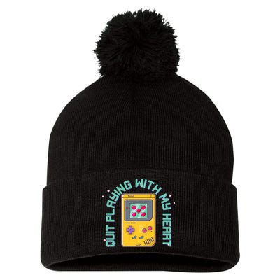 Funny Valentines Day Quit Playing With My Heart Retro Video Game Fan Pom Pom 12in Knit Beanie