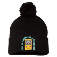 Funny Valentines Day Quit Playing With My Heart Retro Video Game Fan Pom Pom 12in Knit Beanie