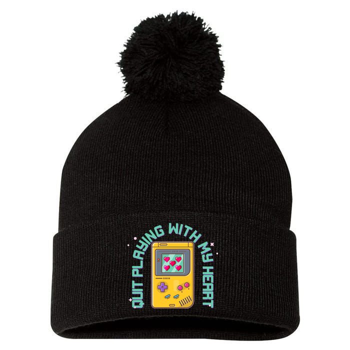 Funny Valentines Day Quit Playing With My Heart Retro Video Game Fan Pom Pom 12in Knit Beanie