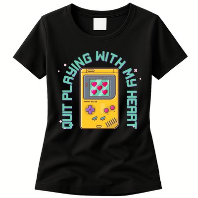 Funny Valentines Day Quit Playing With My Heart Retro Video Game Fan Womens T-Shirt