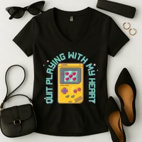 Funny Valentines Day Quit Playing With My Heart Retro Video Game Fan Women's V-Neck T-Shirt