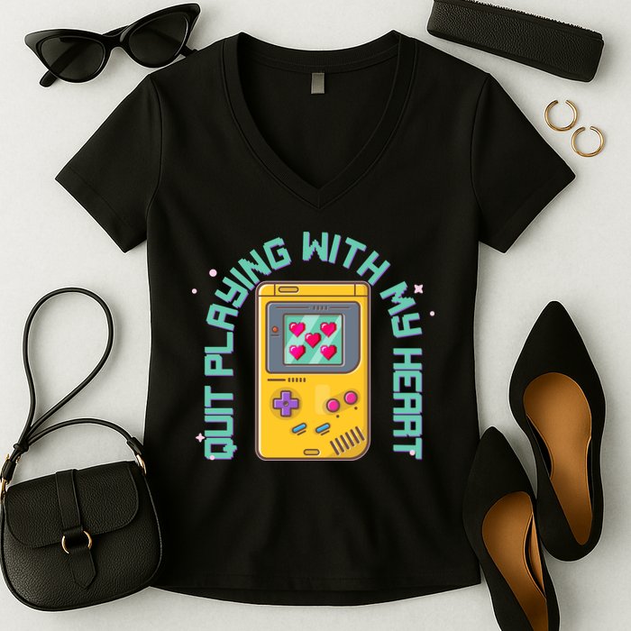 Funny Valentines Day Quit Playing With My Heart Retro Video Game Fan Women's V-Neck T-Shirt