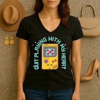 Funny Valentines Day Quit Playing With My Heart Retro Video Game Fan Women's V-Neck T-Shirt