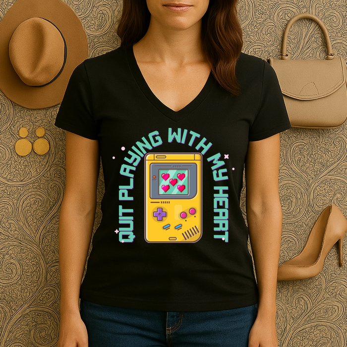 Funny Valentines Day Quit Playing With My Heart Retro Video Game Fan Women's V-Neck T-Shirt