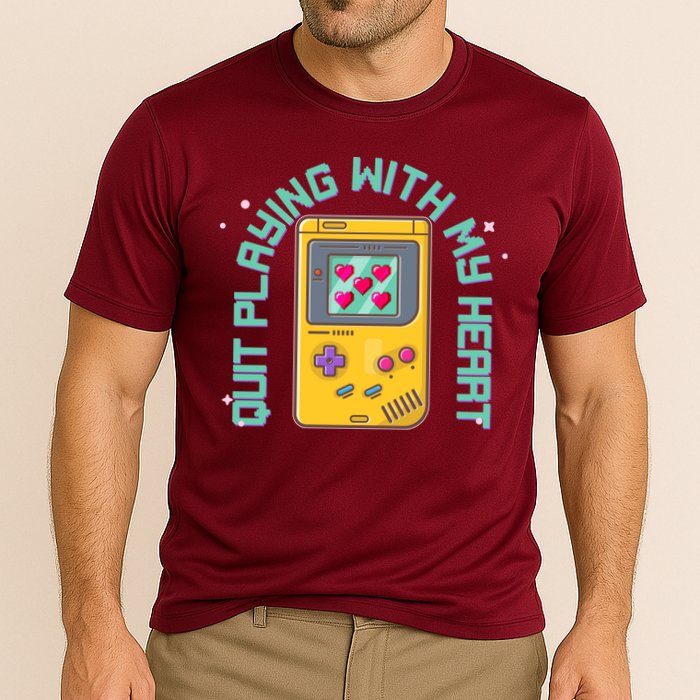 Funny Valentines Day Quit Playing With My Heart Retro Video Game Fan Performance Shirt