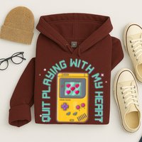 Funny Valentines Day Quit Playing With My Heart Retro Video Game Fan Hoodie