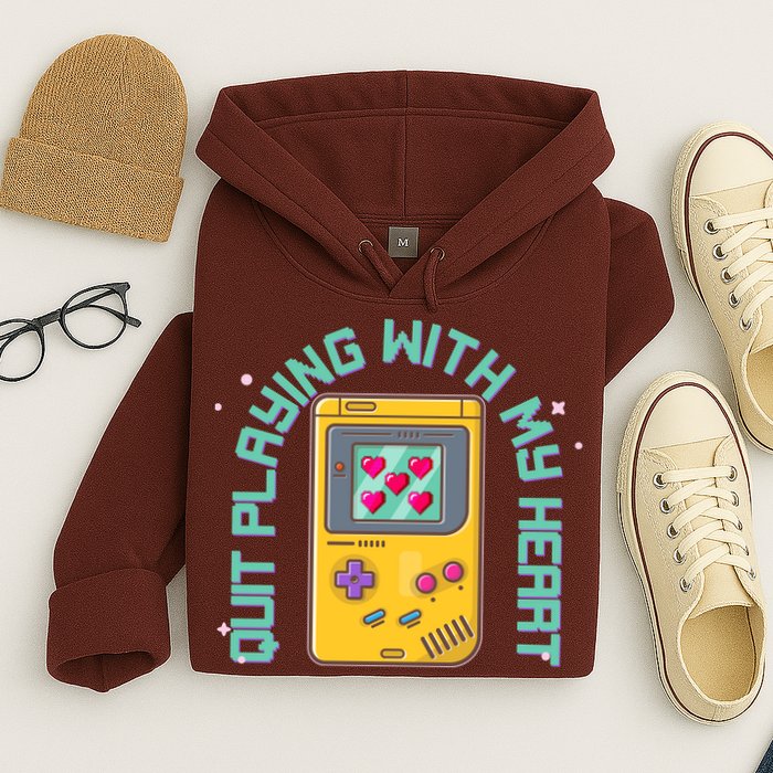 Funny Valentines Day Quit Playing With My Heart Retro Video Game Fan Hoodie