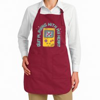 Funny Valentines Day Quit Playing With My Heart Retro Video Game Fan Full-Length Apron With Pockets