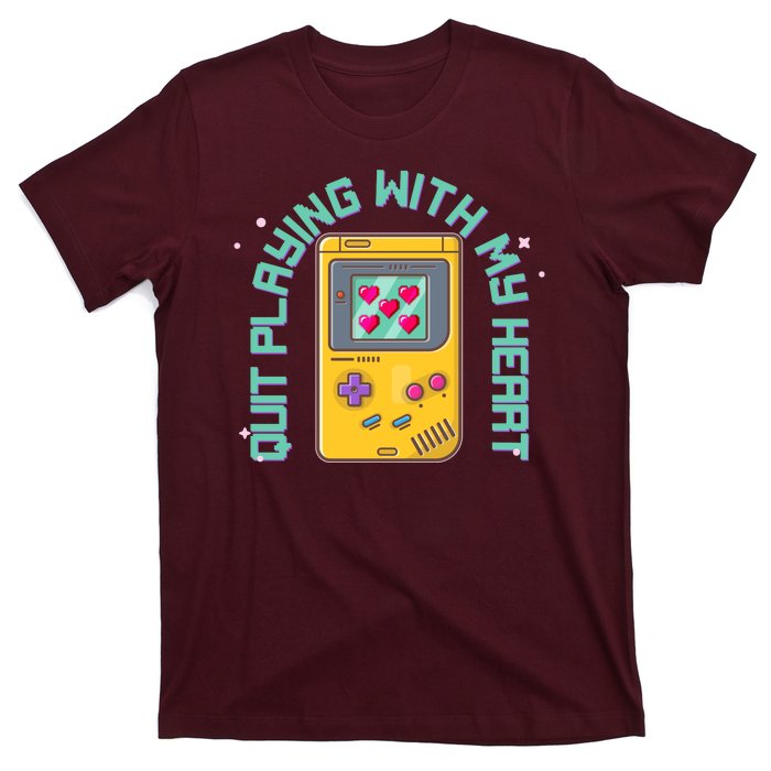 Funny Valentines Day Quit Playing With My Heart Retro Video Game Fan T-Shirt