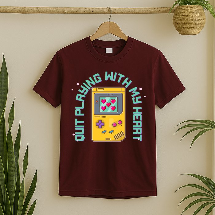 Funny Valentines Day Quit Playing With My Heart Retro Video Game Fan T-Shirt