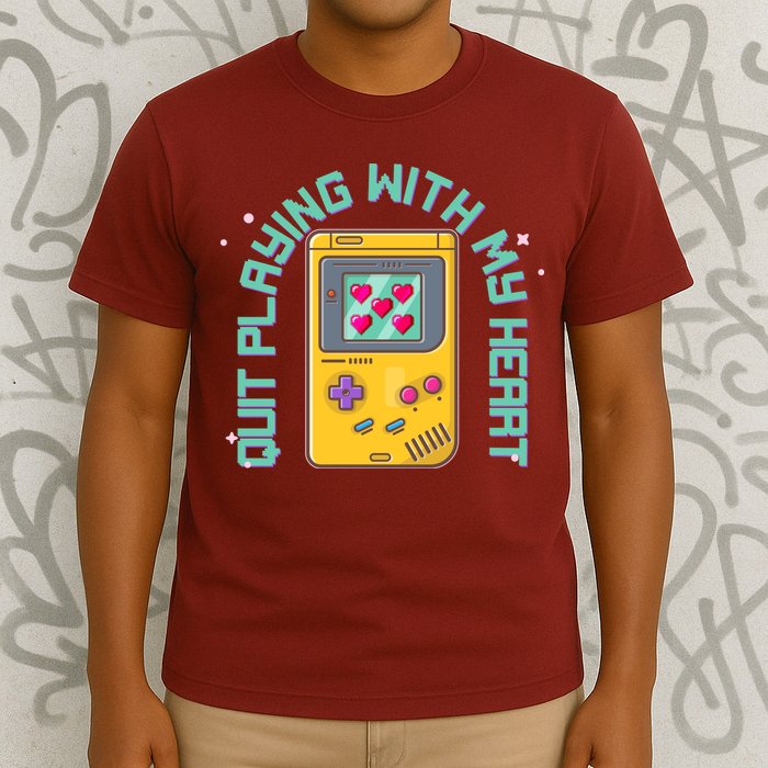 Funny Valentines Day Quit Playing With My Heart Retro Video Game Fan T-Shirt