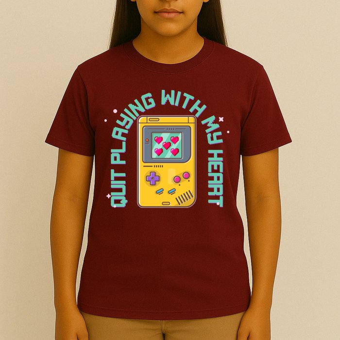 Funny Valentines Day Quit Playing With My Heart Retro Video Game Fan T-Shirt