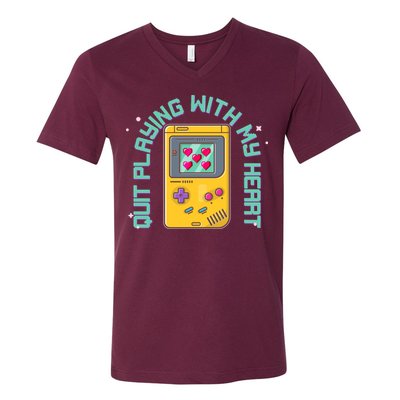 Funny Valentines Day Quit Playing With My Heart Retro Video Game Fan V-Neck T-Shirt