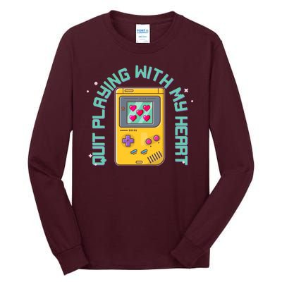 Funny Valentines Day Quit Playing With My Heart Retro Video Game Fan Tall Long Sleeve T-Shirt