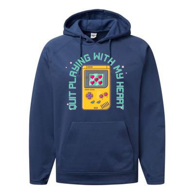 Funny Valentines Day Quit Playing With My Heart Retro Video Game Fan Performance Fleece Hoodie