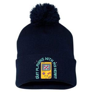 Funny Valentines Day Quit Playing With My Heart Retro Video Game Fan Pom Pom 12in Knit Beanie